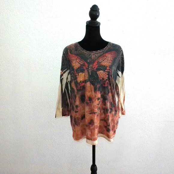 Orange/black/yellow butterfly blouse, with tiny studs design - Picture 3 of 8